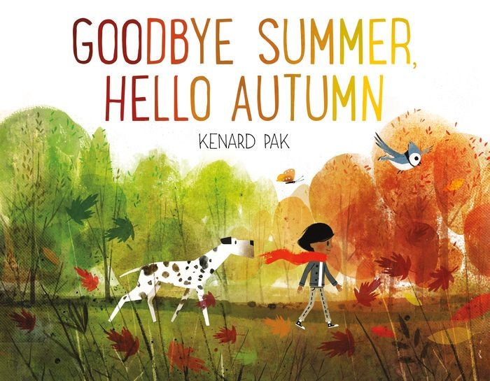 A child with a red scarf walks with a Dalmatian through autumn trees, leaves falling. A bluebird flies above, evoking a cozy, seasonal transition.